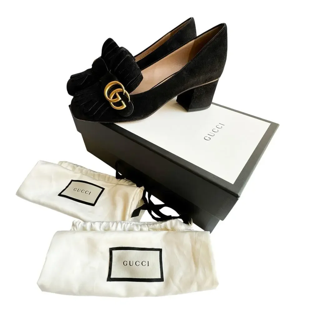 Gucci GG Marmont Fringe Block Heel Pumps Black Suede 39 - Picture 1 of 13